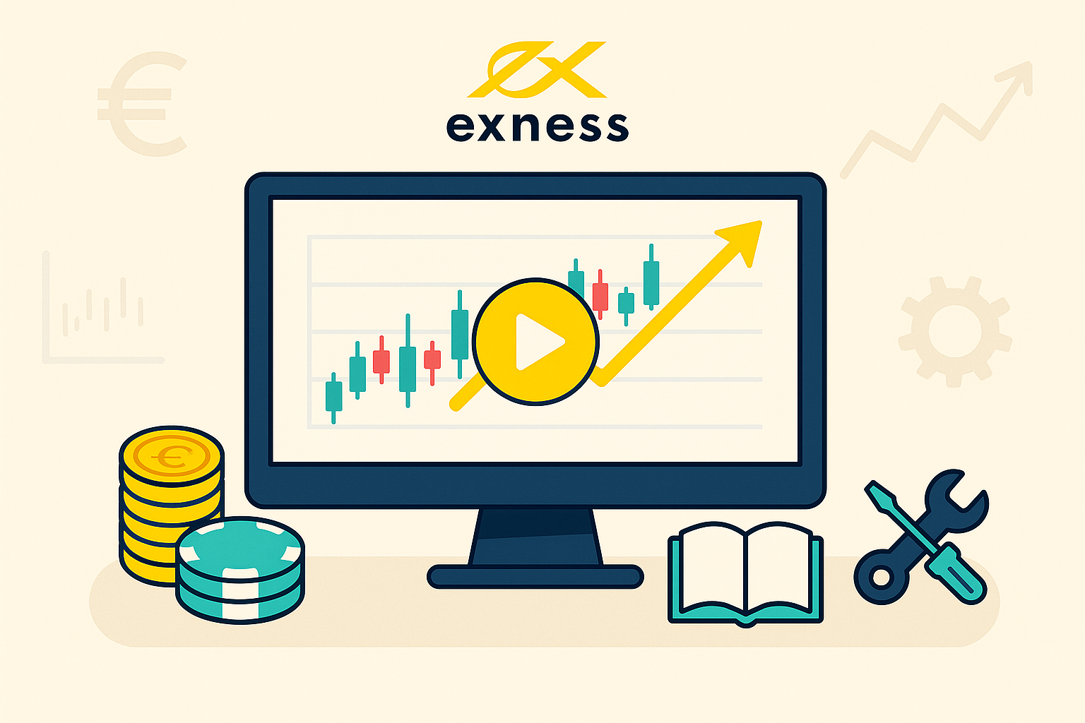 Grafik ekranı, sanal dolar simgesi, grafiksel analiz ikonları ve sade arka planla Exness demo ticaret ortamını temsil eden yazısız dijital illüstrasyon.