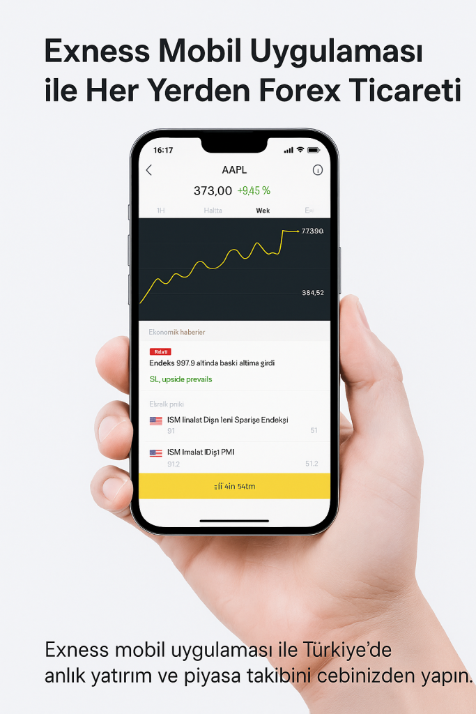 Exness mobil uygulamasında AAPL grafiği ve ekonomik haber akışını gösteren bir akıllı telefon ekranı.