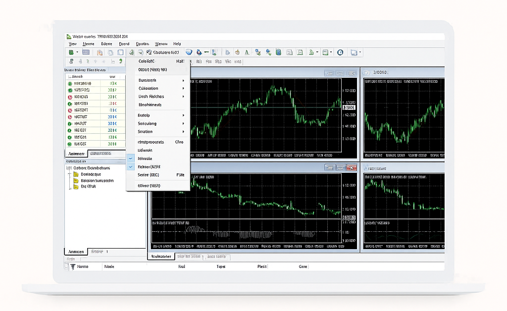 Exness MT4 işlem platformunun grafik arayüzü, bilgisayar ekranında forex grafikleri ve teknik analiz göstergeleri