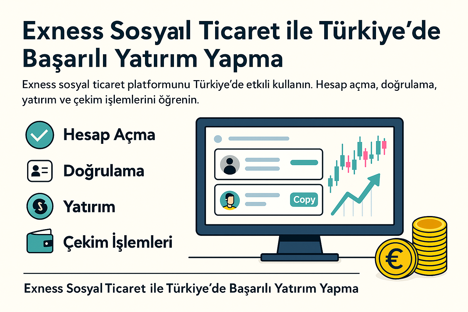 Birden fazla kullanıcı ikonunun bağlı olduğu sosyal ticaret ağı, grafikler, işlem simgeleri ve yatırım bağlantılarıyla Exness sosyal yatırım sistemini temsil eden dijital çizim