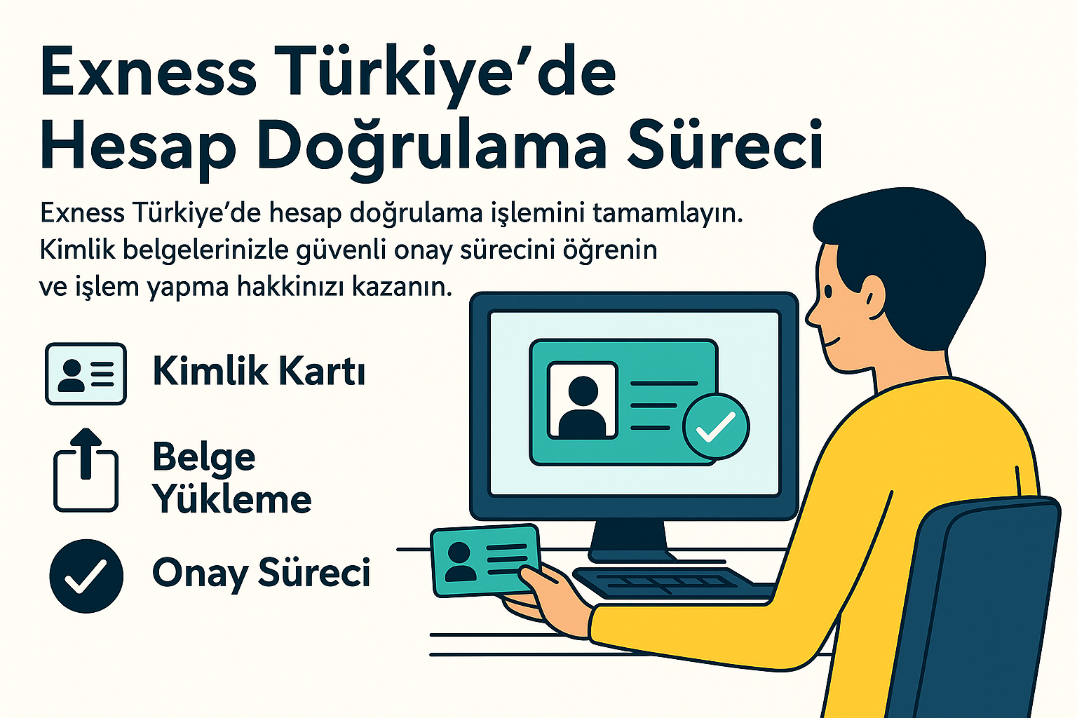 Kimlik kartı ve bilgisayar ekranında onay simgesiyle Exness Türkiye'de hesap doğrulama sürecini anlatan çizim.