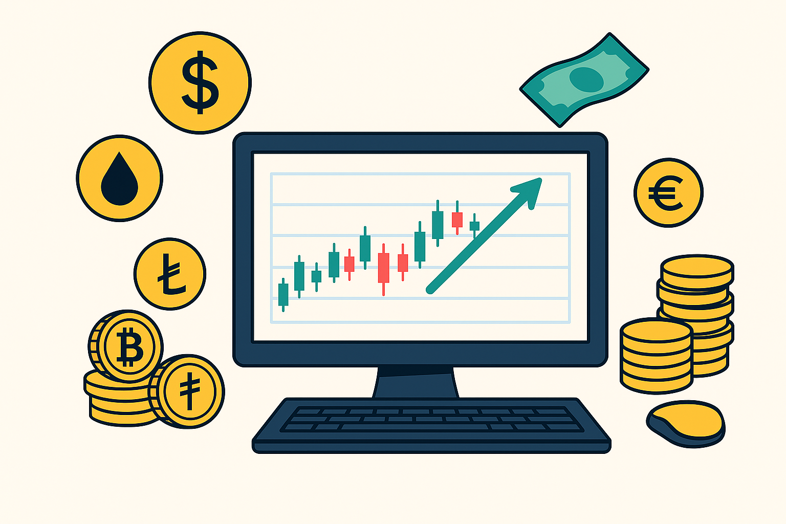 Exness Türkiye Bilgisayar ekranında yükselen mum grafiği ve çevresinde dolar, euro, Türk lirası, bitcoin gibi para simgeleriyle finansal piyasaları temsil eden modern çizim.