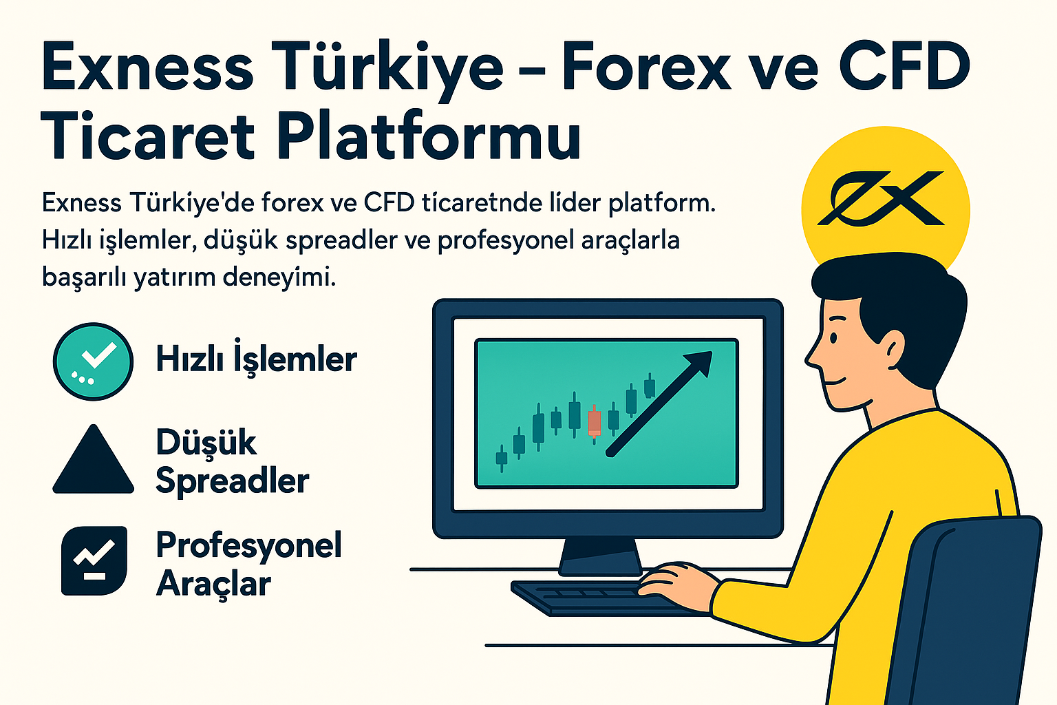 Exness Türkiye Bilgisayar ekranında grafik izleyen kullanıcıyla birlikte, Exness Türkiye’de forex ve CFD ticaretine dair hızlı işlem, düşük spread ve profesyonel araç ikonları içeren tanıtım görseli