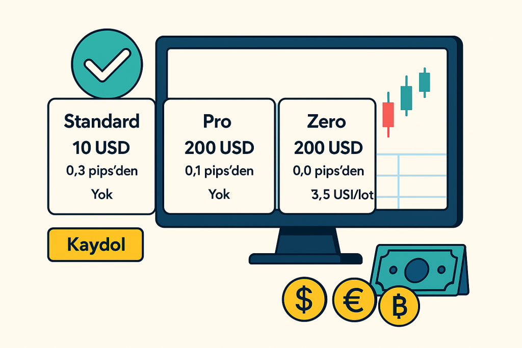 Standard, Pro ve Zero olmak üzere üç farklı Exness hesap türünün özelliklerini ve maliyetlerini gösteren ekran önünde sıralanmış hesap kartları, grafik ve para simgeleriyle çevrelenmiş dijital çizim. Standard, Pro ve Zero olmak üzere üç farklı Exness hesap türünün özelliklerini ve maliyetlerini gösteren ekran önünde sıralanmış hesap kartları, grafik ve para simgeleriyle çevrelenmiş dijital çizim.